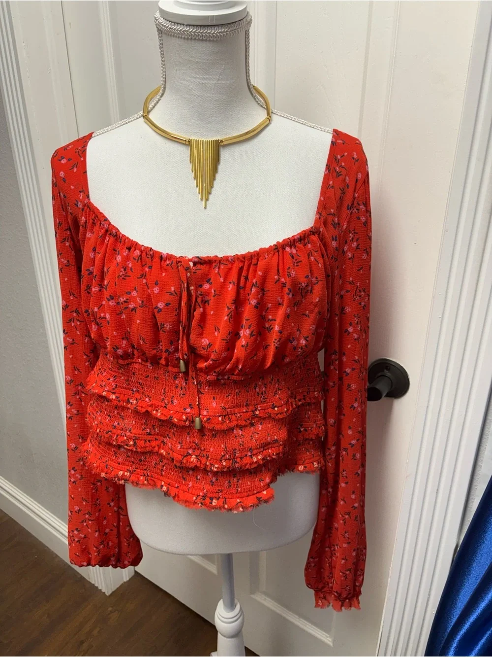 Free People Lolita Red Floral Smocked Tiered Crop Blouse Top - Size XL